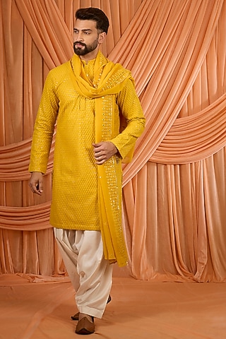 Mustard Chikankari Kurta Set by Bohame Men