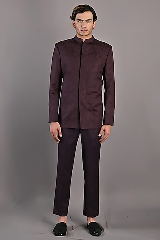 Wine Embroidered Bandhgala Set by Bohame Men