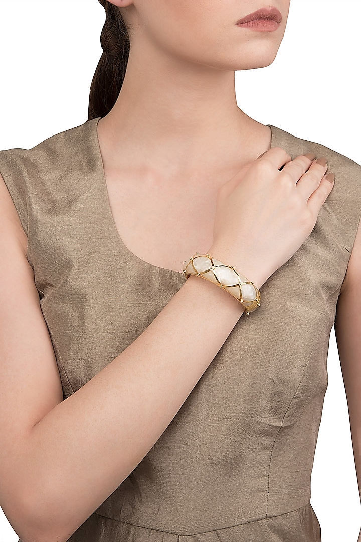 White and Gold Ribbon Facet Bangle by The Bohemian