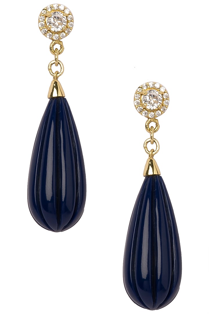 Gold plated navy blue pumpkin drop earrings available only at