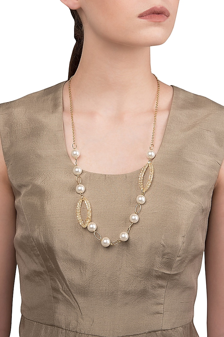 Gold Plated Zircon and Pearls Necklace by The Bohemian