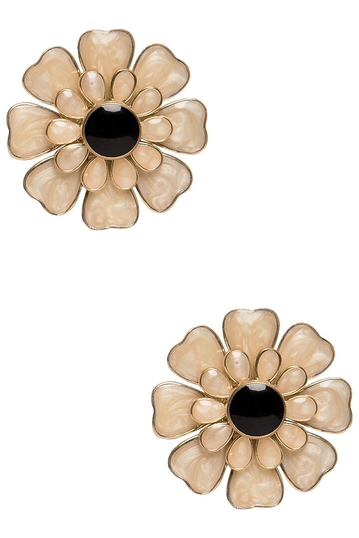 Gold plated white and black layered flower stud earrings available only at Pernia's Pop Up Shop.