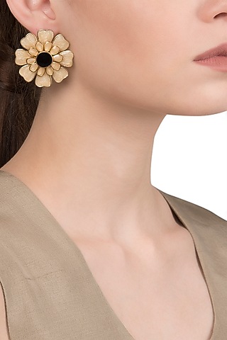 Gold Plated White and Black Layered Flower Stud Earrings by The Bohemian