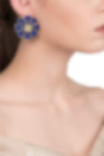 Gold plated blue and white layered flower stud earrings available only at Pernia's Pop Up Shop.