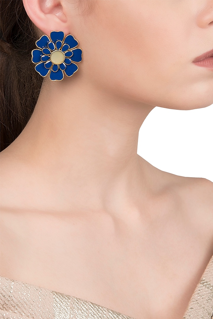 Gold Plated Blue and White Layered Flower Stud Earrings by The Bohemian