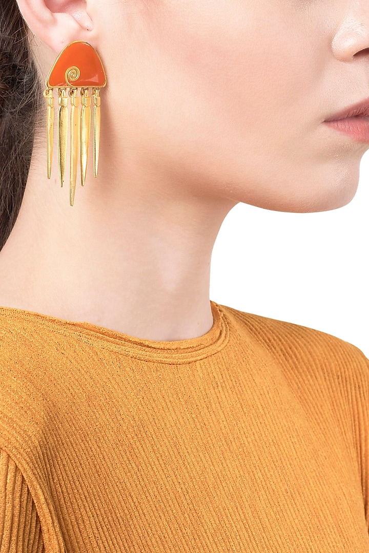 Gold Plated Orange Enamel Hanging Earrings by The Bohemian