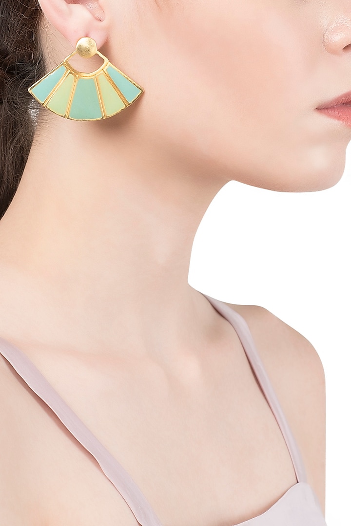 Gold Plated Green and Turquoise Enamel Earrings by The Bohemian