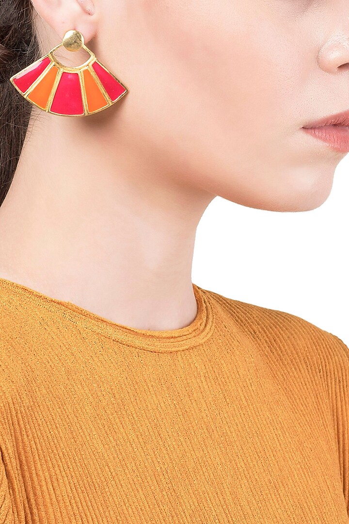 Gold Plated Red and Orange Enamel Earrings by The Bohemian