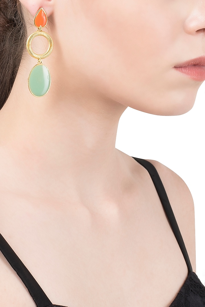 Gold Plated Orange and Green Enamel Drop Earrings by The Bohemian