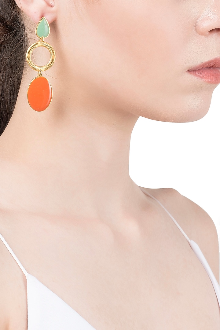 Gold Plated Green and Orange Enamel Drop Earrings by The Bohemian