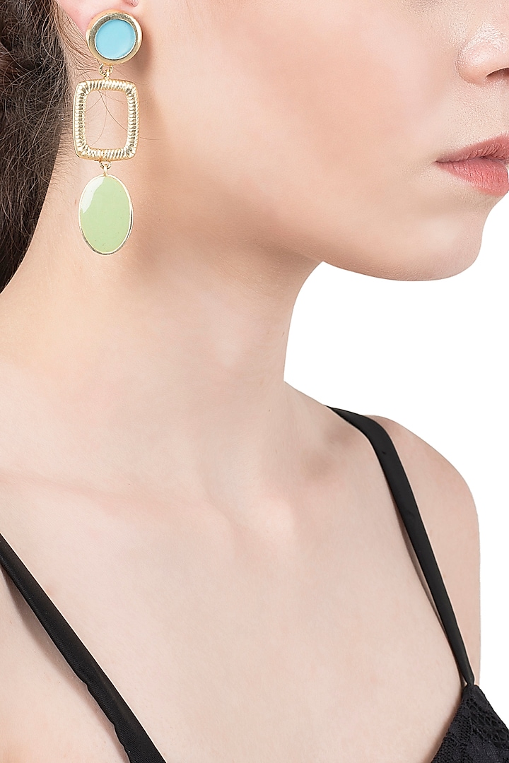 Gold Plated Turquoise and Green Enamel Drop Earrings by The Bohemian