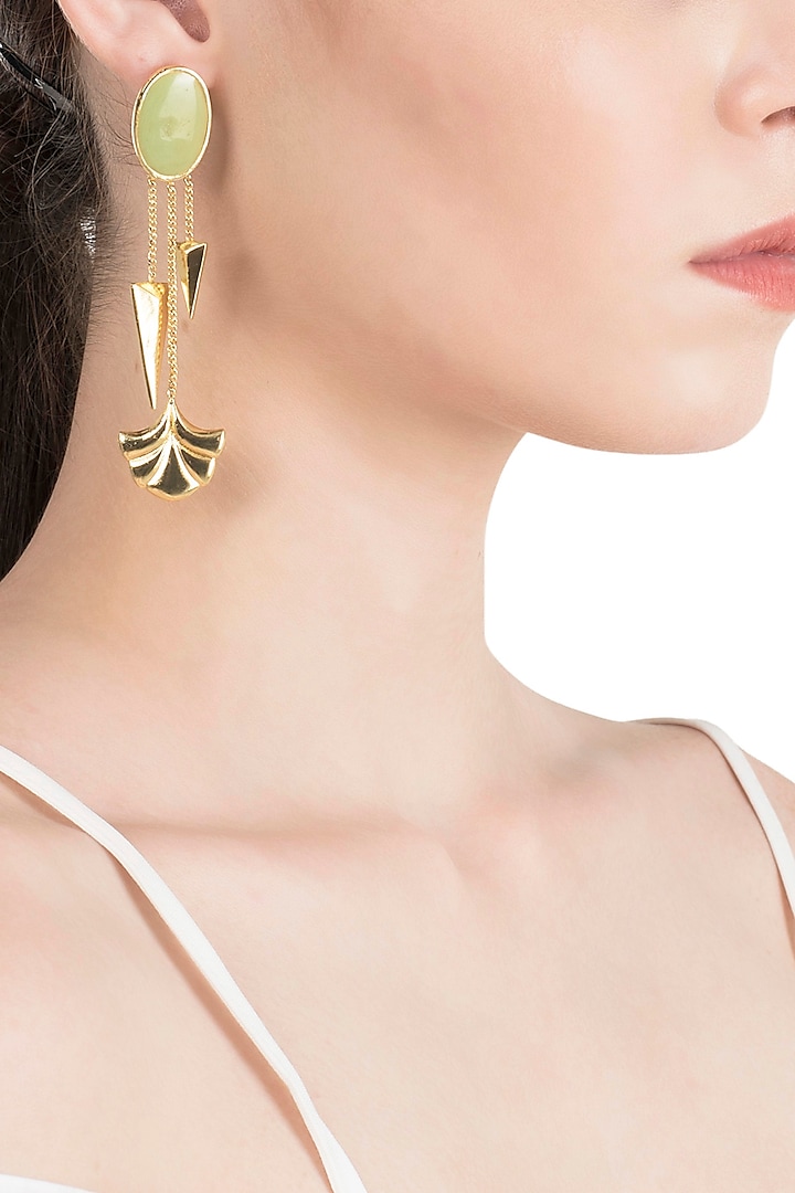 Gold Plated Green Enamel Hanging Earrings by The Bohemian