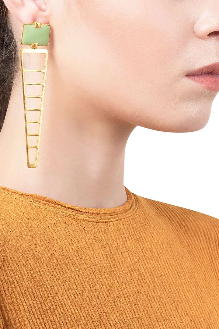 Gold Plated Green Enamel Stripes Earrings by The Bohemian