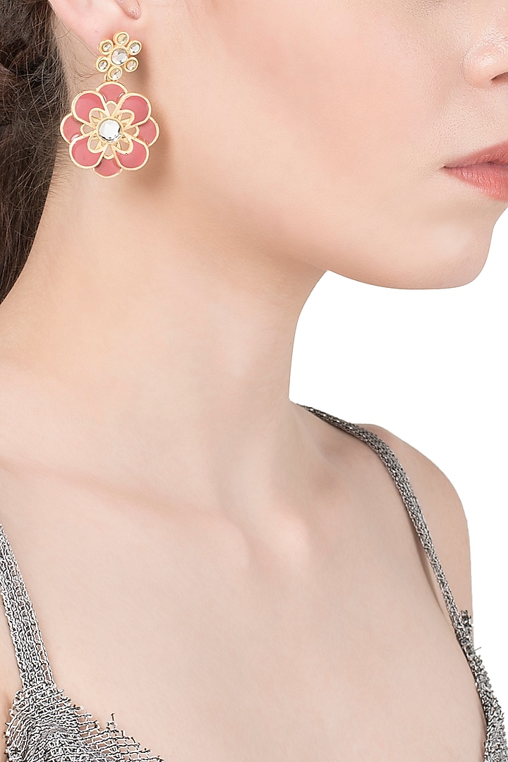 Gold Plated Red Enamel Layered Flower Earrings by The Bohemian