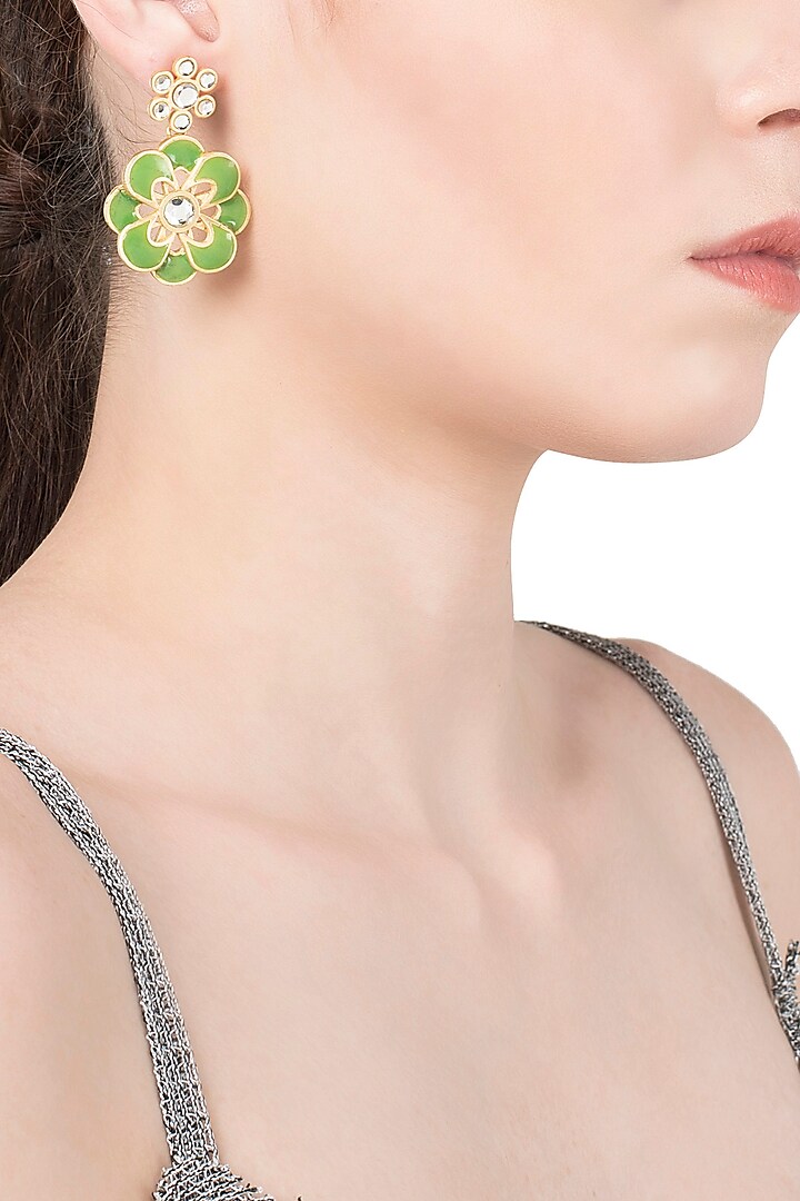 Gold Plated Green Enamel Layered Flower Earrings by The Bohemian