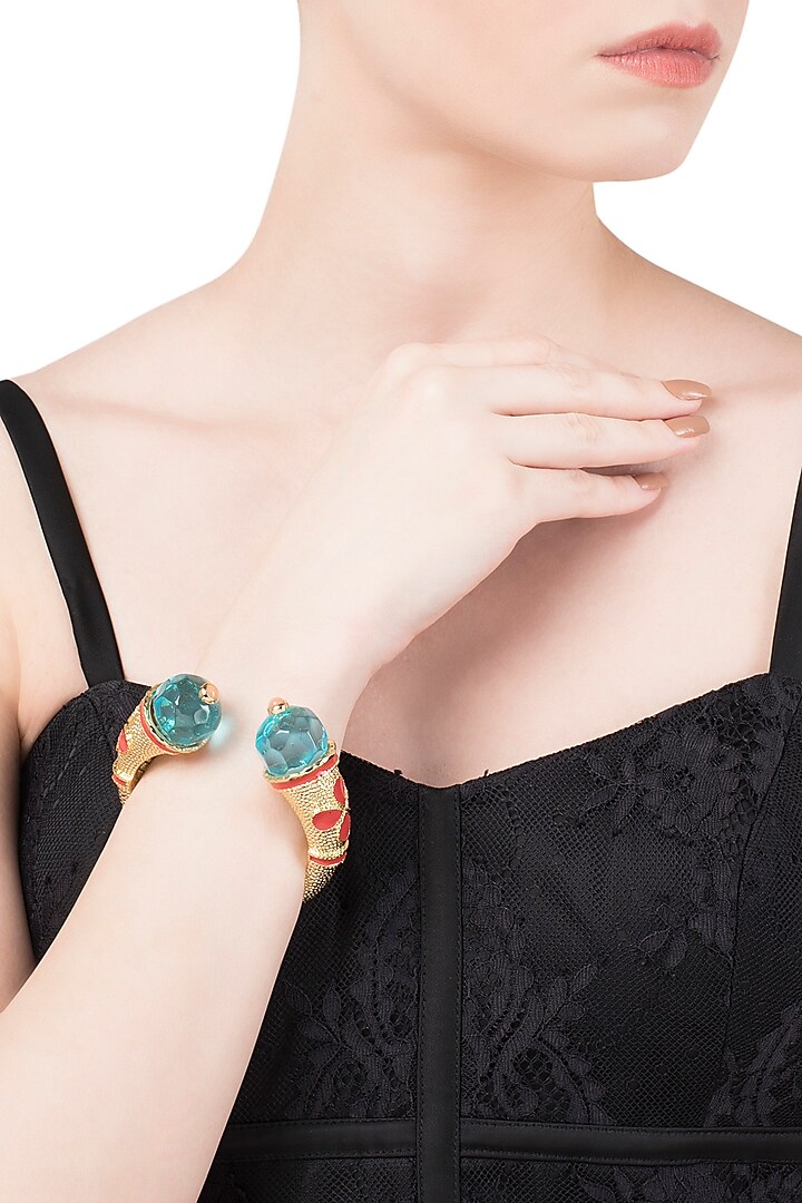 Aqua Blue and Red Cathedral Open Bangle by The Bohemian