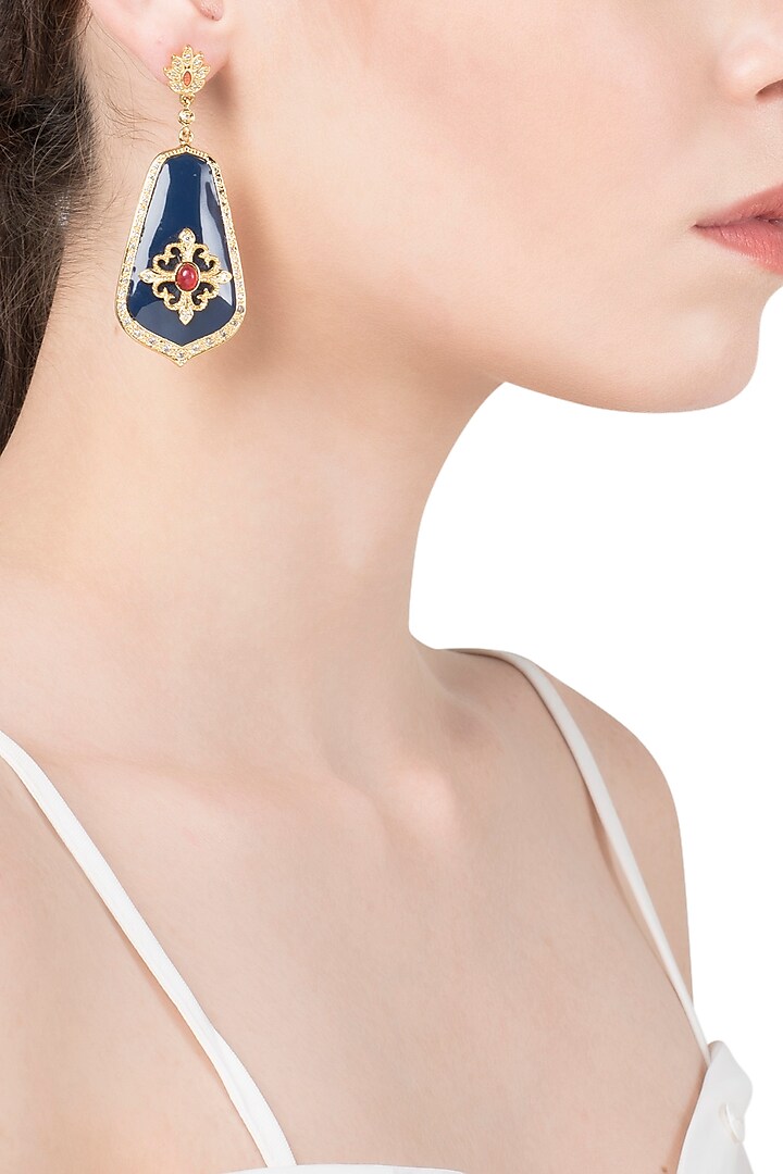 Navy Blue and Red Vintage Detailed Earrings by The Bohemian
