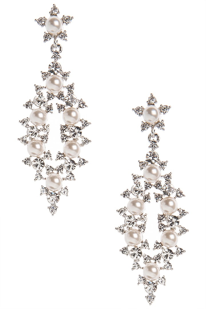 Rhodium plated abstract pearl dangler earrings available only at Pernia's Pop Up Shop.