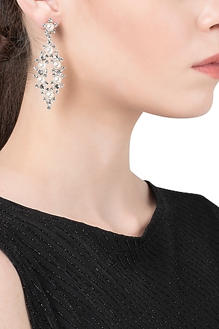 Rhodium Plated Abstract Pearl Dangler Earrings by The Bohemian