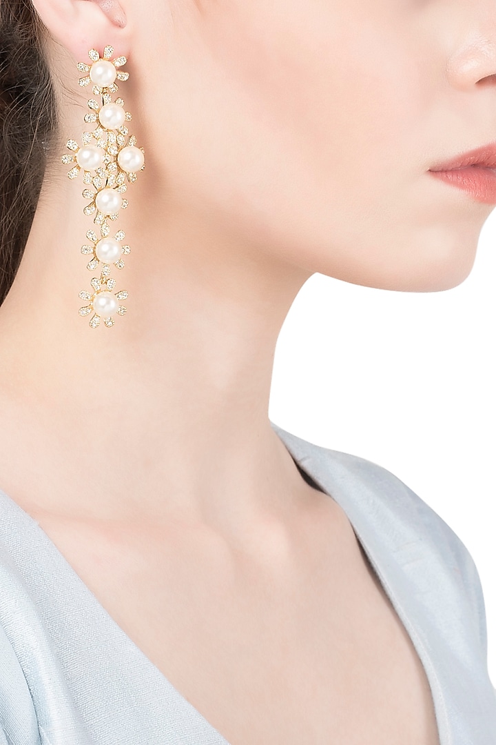 Gold Plated Cross Pearl Dangler Earrings by The Bohemian