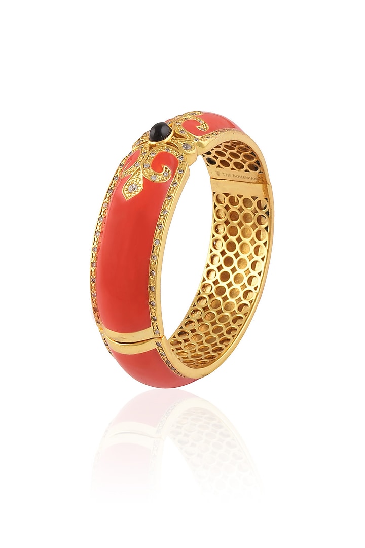 The Bohemian presents Gold plated coral enamel chantilly vintage bangle available only at Pernia's Pop Up Shop.