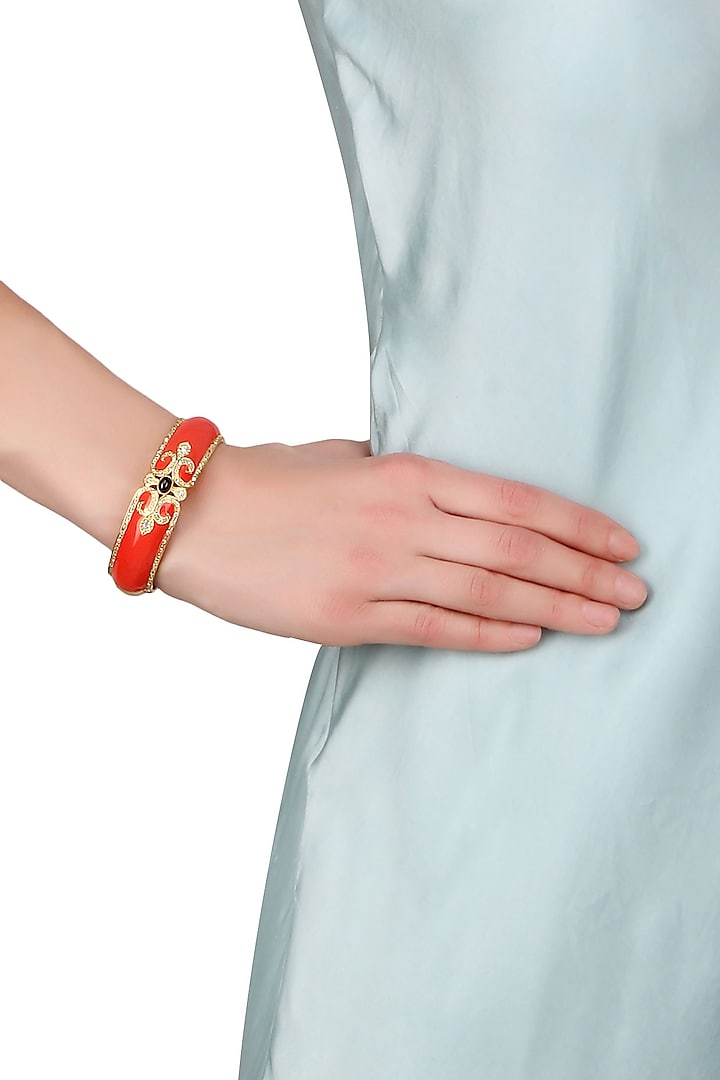 Gold Plated Coral Enamel Chantilly Vintage Bangle by The Bohemian
