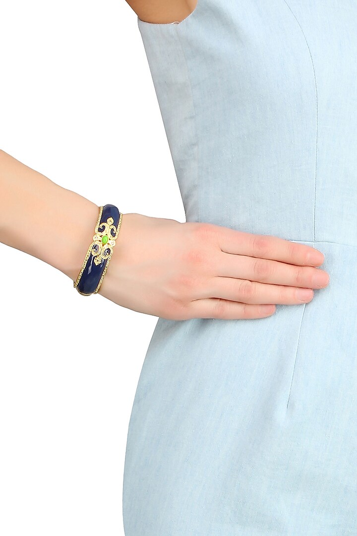 Gold Plated Navy Blue Enamel Chantilly Vintage Bangle by The Bohemian