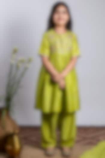 Green Chanderi Silk Kurta Set For Girls by Boteh