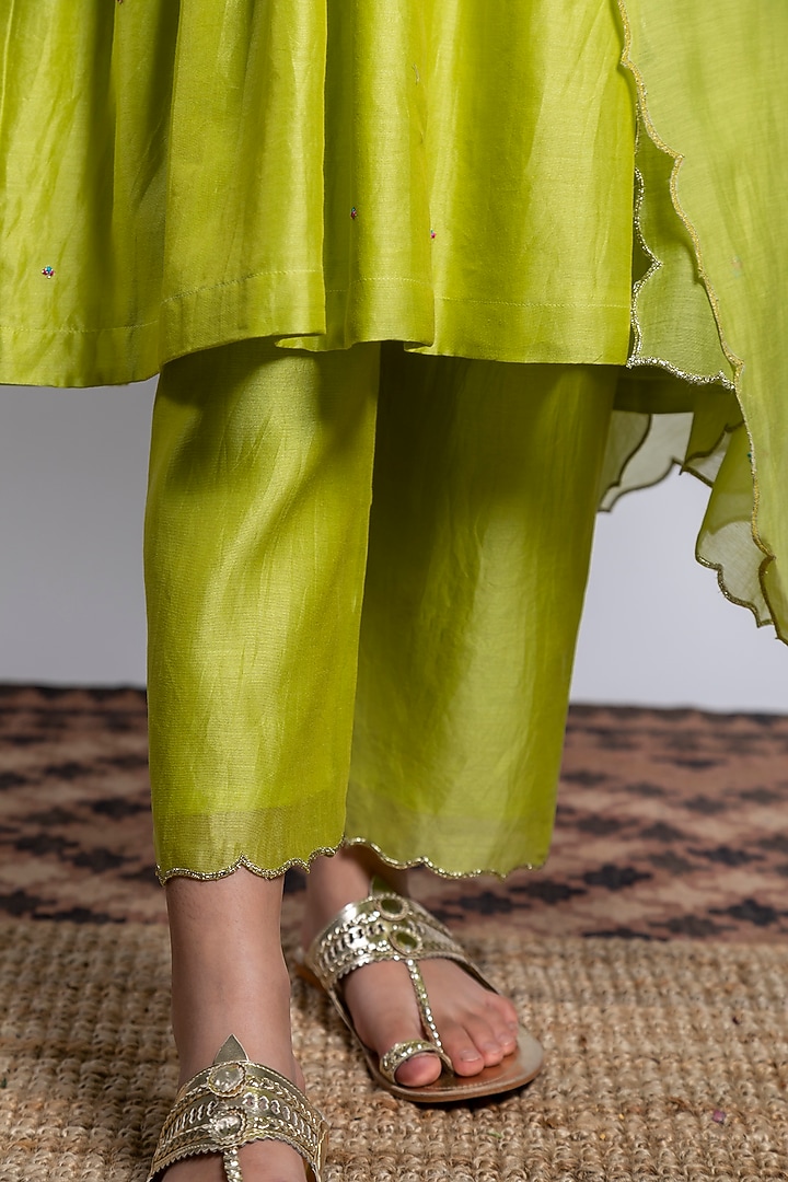 Green Chanderi Silk Embroidered Kurta Set For Girls by Boteh at Pernia's Pop Up Shop