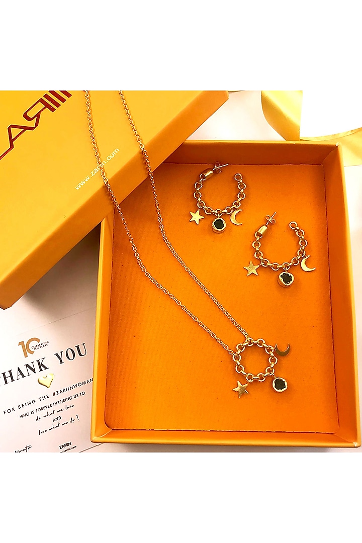Gold Plated Moon Motifs Necklace Set In Gift Box by Zariin