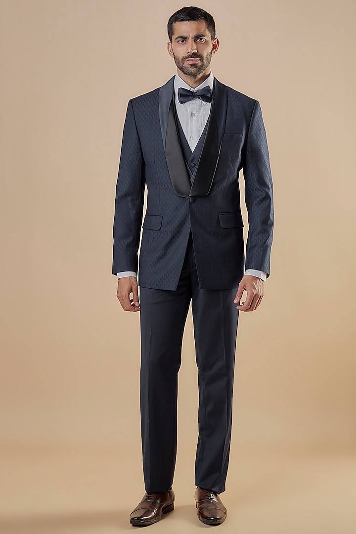 Navy Blue Poly Wool Blend Tuxedo Set by BRAHAAN at Pernia's Pop Up Shop