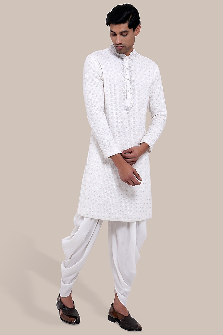 White Pure Silk Embroidered Chikankari Kurta Set by BRAHAAN