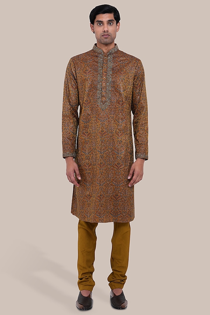 Yellow Pure Silk Embroidered Kurta Set by BRAHAAN