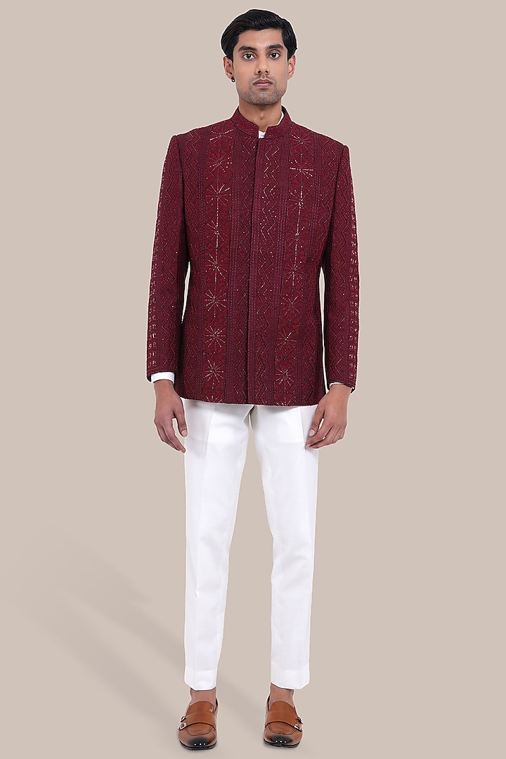 Maroon Chanderi Silk Embroidered Bandhgala Set by BRAHAAN at Pernia's Pop Up Shop