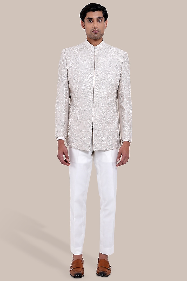 Off-White Raw Silk Floral Embroidered Bandhgala Set by BRAHAAN