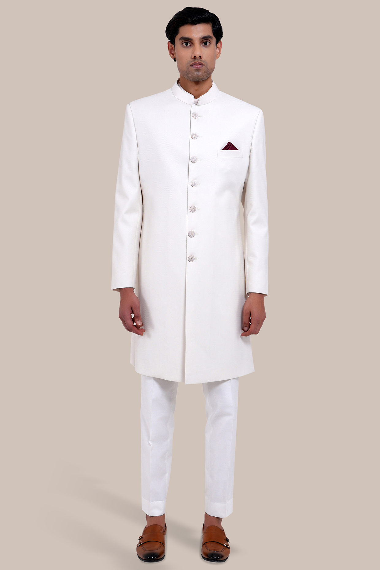 Ivory Wool Textured Indowestern Set by BRAHAAN