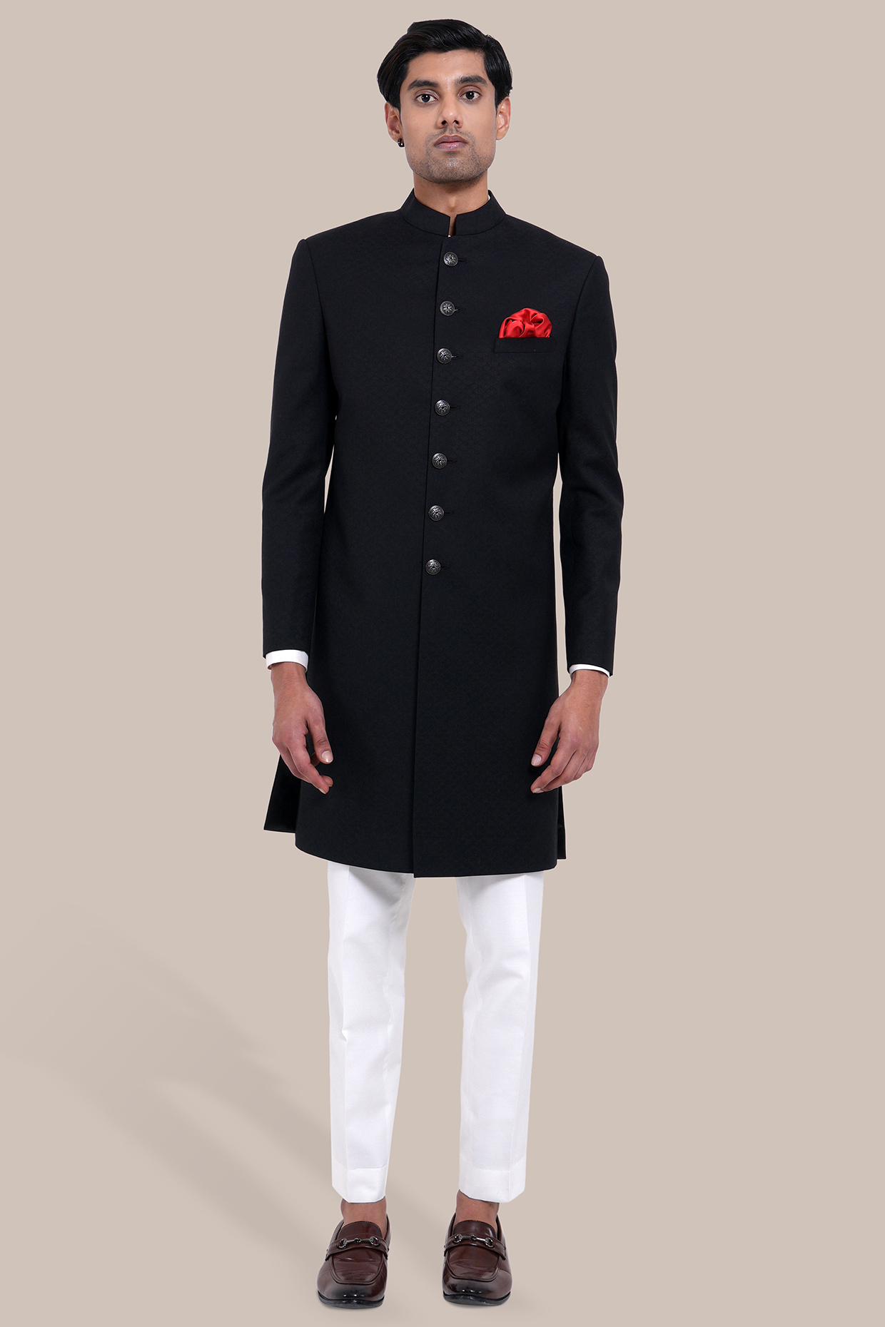 Black Wool Textured Wedding Indowestern Set by BRAHAAN at Pernia's Pop Up Shop