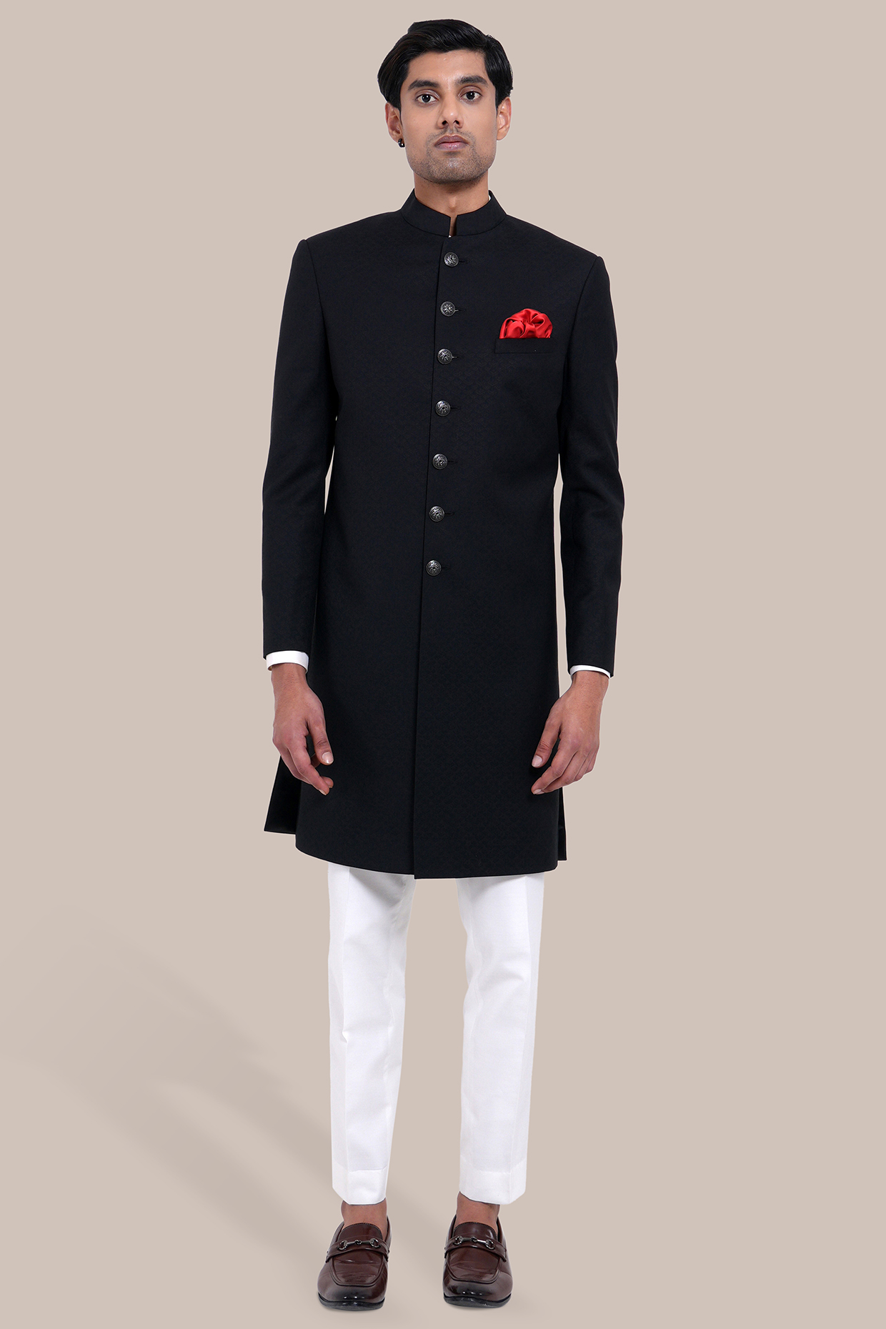 Black Wool Textured Indowestern Set by BRAHAAN