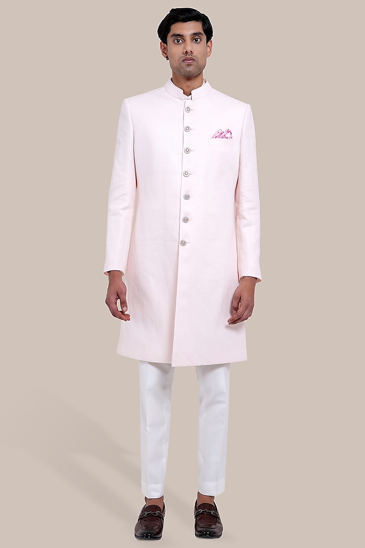 Light Pink Pure Linen Indowestern Set by BRAHAAN