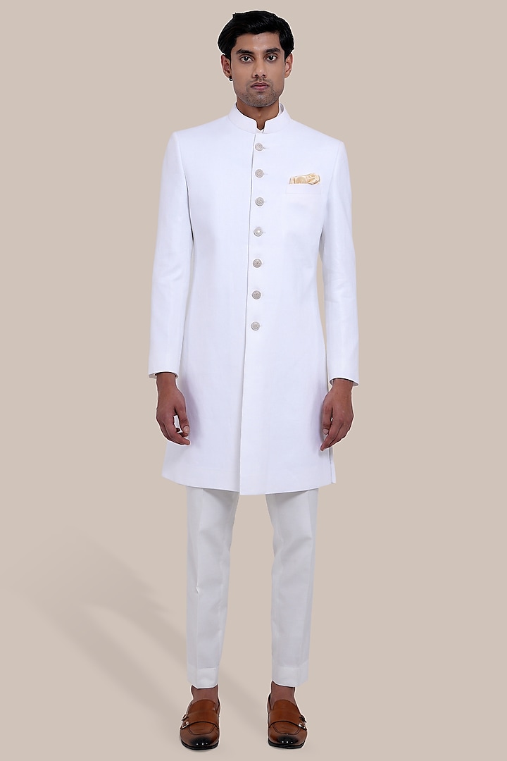 White Pure Linen Indowestern Set by BRAHAAN