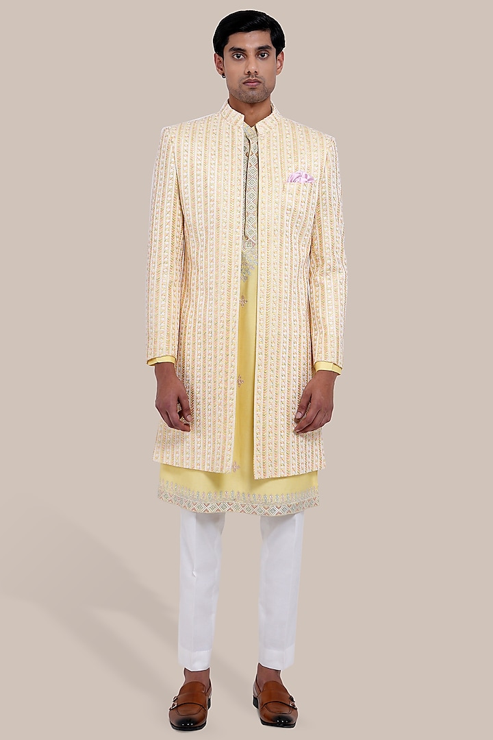 Yellow Silk Embroidered Indowestern Set by BRAHAAN