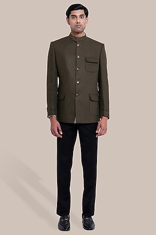Olive Pure Linen Bandhgala Set by BRAHAAN
