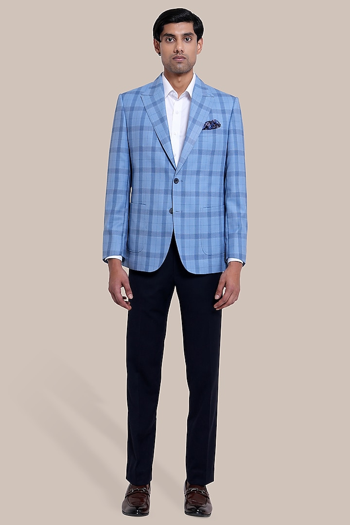 Blue Poly Wool Blend Checkered Blazer Jacket by BRAHAAN