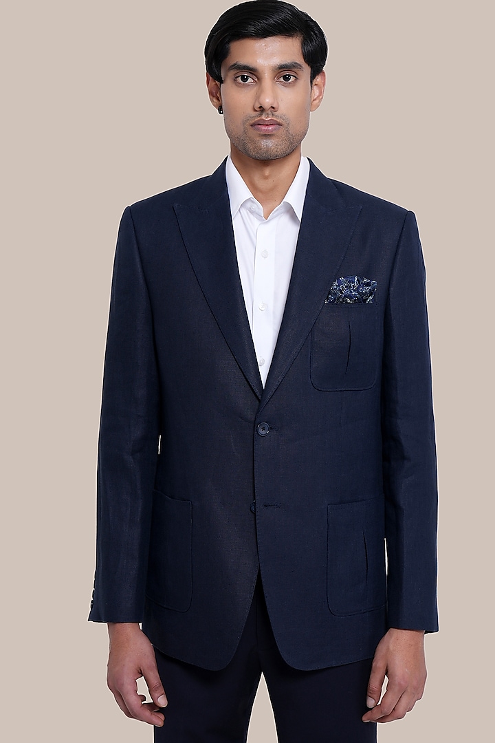 Blue Pure Linen Blazer Jacket by BRAHAAN