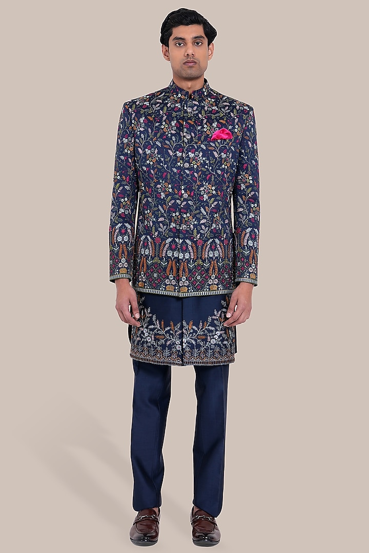 Navy Blue Pure Silk Embroidered Bandhgala Set by BRAHAAN at Pernia's Pop Up Shop