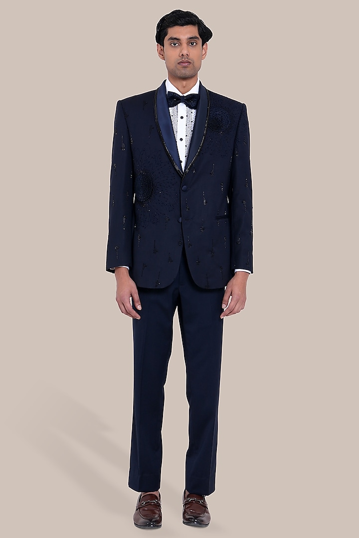 Navy Blue Wool Blend Cutdana Embroidered Tuxedo Set by BRAHAAN at Pernia's Pop Up Shop