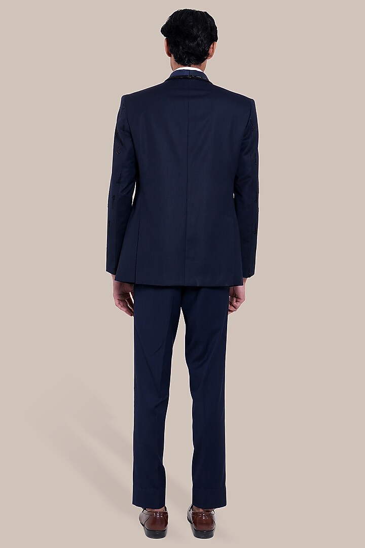 Navy Blue Wool Blend Cutdana Embroidered Tuxedo Set by BRAHAAN at Pernia's Pop Up Shop