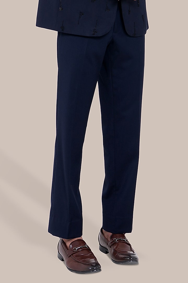 Navy Blue Wool Blend Cutdana Embroidered Tuxedo Set by BRAHAAN at Pernia's Pop Up Shop
