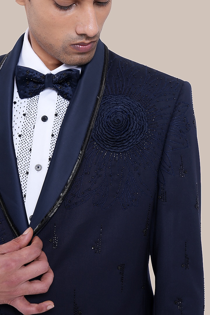 Navy Blue Wool Blend Cutdana Embroidered Tuxedo Set by BRAHAAN at Pernia's Pop Up Shop
