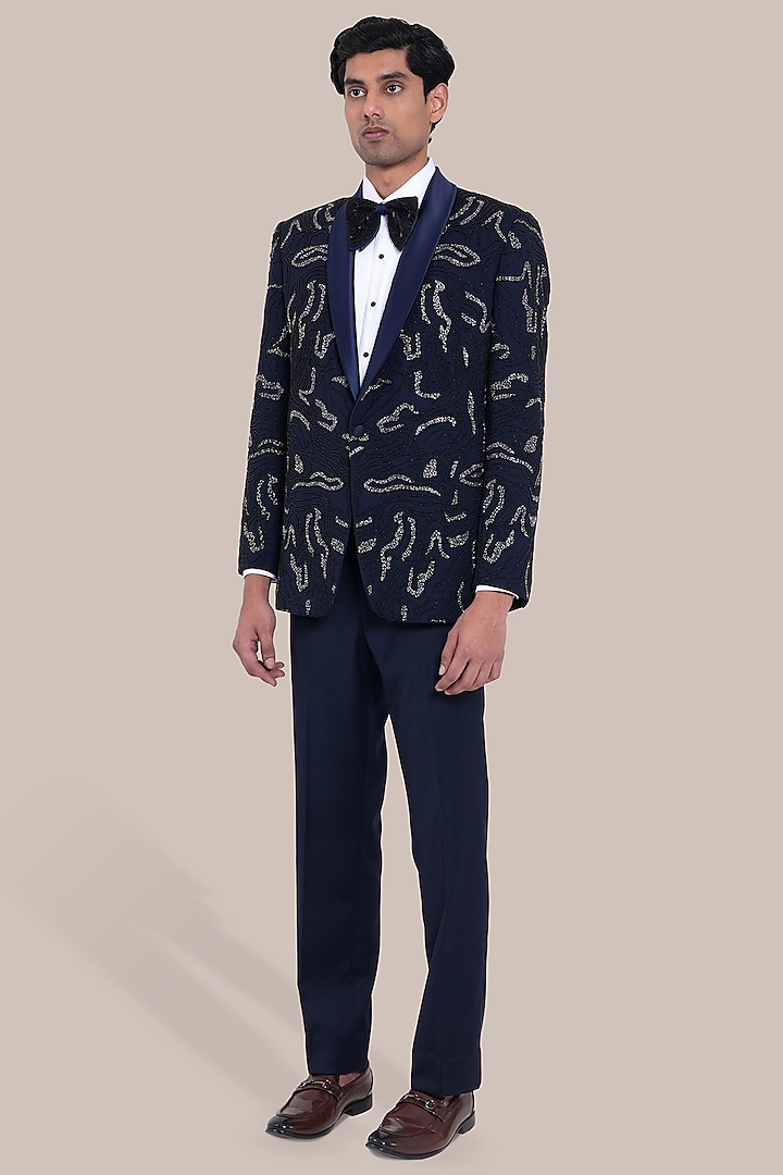 Navy Blue Wool Blend Zari Embroidered Tuxedo Set by BRAHAAN